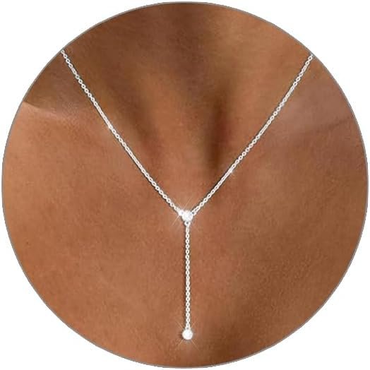 Silver/Gold Necklace for Women 925 Silver/ Gold Plated Dainty Long Necklace Y-Shaped Drop Pendant Necklaces Choker Trendy Chain Simple Layered Necklaces CZ Jewelry for Women Set Gift