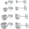 925 Sterling Silver Stud earrings Set | White Gold Plated Hypoallergenic Stud Earrings | Cubic Zirconia Stud Earrings for Women (2mm,3mm,4mm,5mm,6mm,7mm) 8 CZ colors options