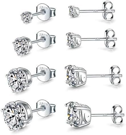 925 Sterling Silver Stud earrings Set | White Gold Plated Hypoallergenic Stud Earrings | Cubic Zirconia Stud Earrings for Women (2mm,3mm,4mm,5mm,6mm,7mm) 8 CZ colors options