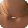 Cross Necklace for Women Trendy  Dainty Gold Silver Plated Cross Pendant Necklaces Simple Cute Faith Charm Choker Religious Drop Dangle Chain Necklace Non Tarnish Costume Jewelry Gift
