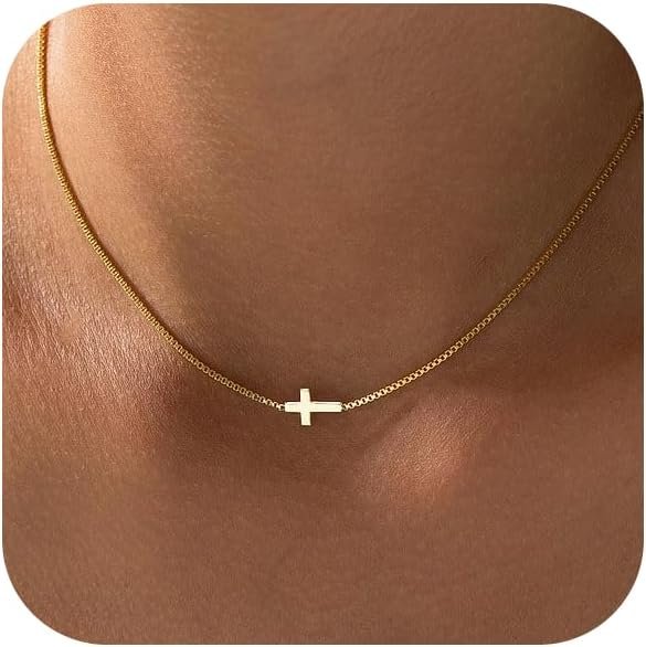 Cross Necklace for Women Trendy  Dainty Gold Silver Plated Cross Pendant Necklaces Simple Cute Faith Charm Choker Religious Drop Dangle Chain Necklace Non Tarnish Costume Jewelry Gift