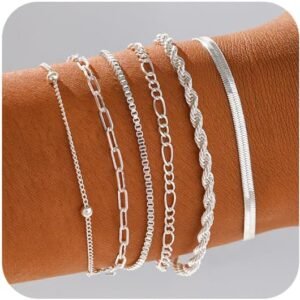 Gold/Silver Bracelets for Women, Real Gold Plated Bracelets Stack Trendy Jewelry Sets Stackable Snake Chain Figaro Paperclip Link Chain Adjustable Bracelet Pack Jewelry for Women