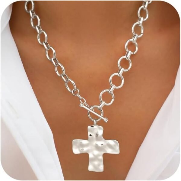 Gold Plated Chunky Necklace for Women, Trendy Paperclip Chain Necklace Thick Cross Heart Pendant Necklace Layered Herringbone Cuban Link Chain Toggle Necklaces Non Tarnish Jewelry