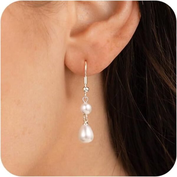 Gold Pearl Dangle Earrings for Women,  Gold Plated Small Pearl Drop Huggie Hoop Earrings, Hypoallergenic Dainty Gold Earrings Wedding Jewelry Gifts for Women Trendy