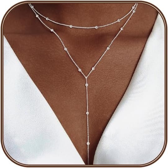 Silver/Gold Necklace for Women 925 Silver/ Gold Plated Dainty Long Necklace Y-Shaped Drop Pendant Necklaces Choker Trendy Chain Simple Layered Necklaces CZ Jewelry for Women Set Gift