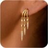 Dangle Earrings for Women, Gold Plated Triple Huggie Stud Earrings Cute Statement Chain Earring Dainty Drop Earrings for Women Trendy Gold Plated Jewelry