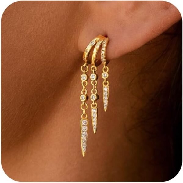 Dangle Earrings for Women, Gold Plated Triple Huggie Stud Earrings Cute Statement Chain Earring Dainty Drop Earrings for Women Trendy Gold Plated Jewelry