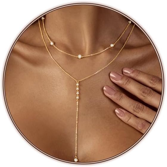 Silver/Gold Necklace for Women 925 Silver/ Gold Plated Dainty Long Necklace Y-Shaped Drop Pendant Necklaces Choker Trendy Chain Simple Layered Necklaces CZ Jewelry for Women Set Gift