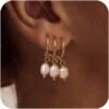Gold Pearl Dangle Earrings for Women,  Gold Plated Small Pearl Drop Huggie Hoop Earrings, Hypoallergenic Dainty Gold Earrings Wedding Jewelry Gifts for Women Trendy