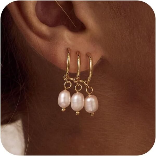 Gold Pearl Dangle Earrings for Women,  Gold Plated Small Pearl Drop Huggie Hoop Earrings, Hypoallergenic Dainty Gold Earrings Wedding Jewelry Gifts for Women Trendy