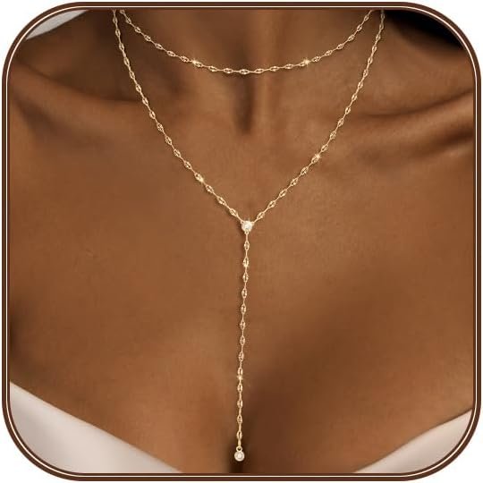 Silver/Gold Necklace for Women 925 Silver/ Gold Plated Dainty Long Necklace Y-Shaped Drop Pendant Necklaces Choker Trendy Chain Simple Layered Necklaces CZ Jewelry for Women Set Gift