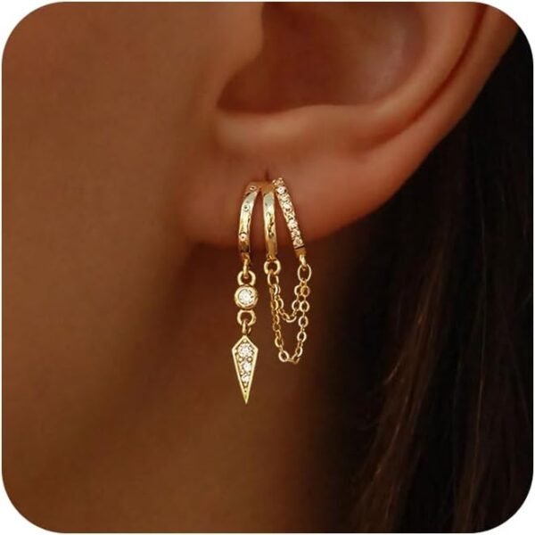 Dangle Earrings for Women, Gold Plated Triple Huggie Stud Earrings Cute Statement Chain Earring Dainty Drop Earrings for Women Trendy Gold Plated Jewelry