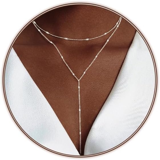 Silver/Gold Necklace for Women 925 Silver/ Gold Plated Dainty Long Necklace Y-Shaped Drop Pendant Necklaces Choker Trendy Chain Simple Layered Necklaces CZ Jewelry for Women Set Gift