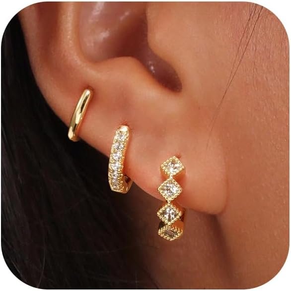 Gold Hoop Earrings Set for Women Trendy,  Gold Plated Chunky Hypoallergenic Small Diamond Cartilage Hoops Cute Cubic Zirconia Dangle Stud Earrings Jewelry Gifts