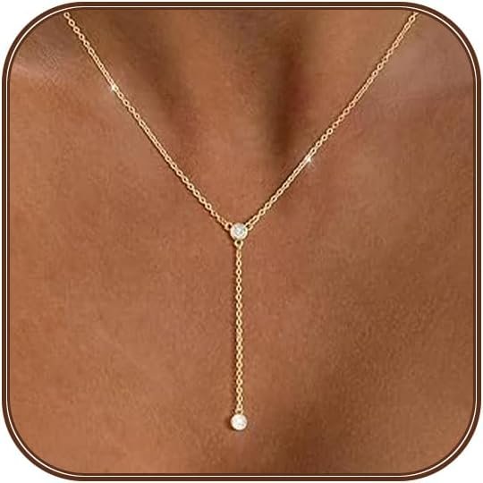 Silver/Gold Necklace for Women 925 Silver/ Gold Plated Dainty Long Necklace Y-Shaped Drop Pendant Necklaces Choker Trendy Chain Simple Layered Necklaces CZ Jewelry for Women Set Gift