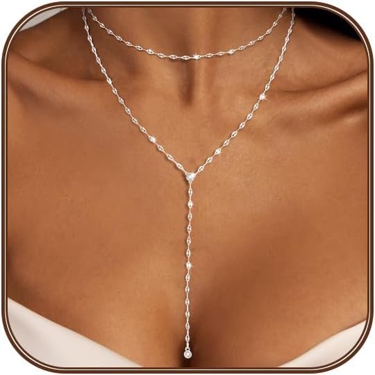 Silver/Gold Necklace for Women 925 Silver/ Gold Plated Dainty Long Necklace Y-Shaped Drop Pendant Necklaces Choker Trendy Chain Simple Layered Necklaces CZ Jewelry for Women Set Gift