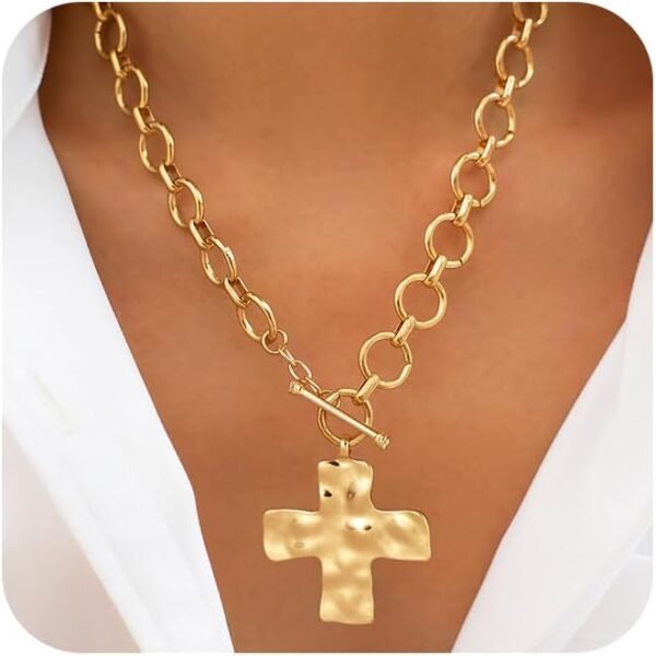 Gold Plated Chunky Necklace for Women, Trendy Paperclip Chain Necklace Thick Cross Heart Pendant Necklace Layered Herringbone Cuban Link Chain Toggle Necklaces Non Tarnish Jewelry