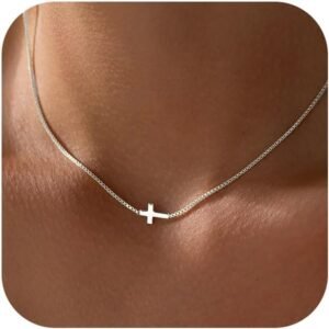 51T23kaxBTL._AC_SL1500 Cross Necklace for Women Gold Silver Plated Dainty Small Cross Pendant Choker Simple Trendy Cute Cross Charm Chain Necklace Easter Basket Stuffers Baptism Religious Faith Jewelry Gift