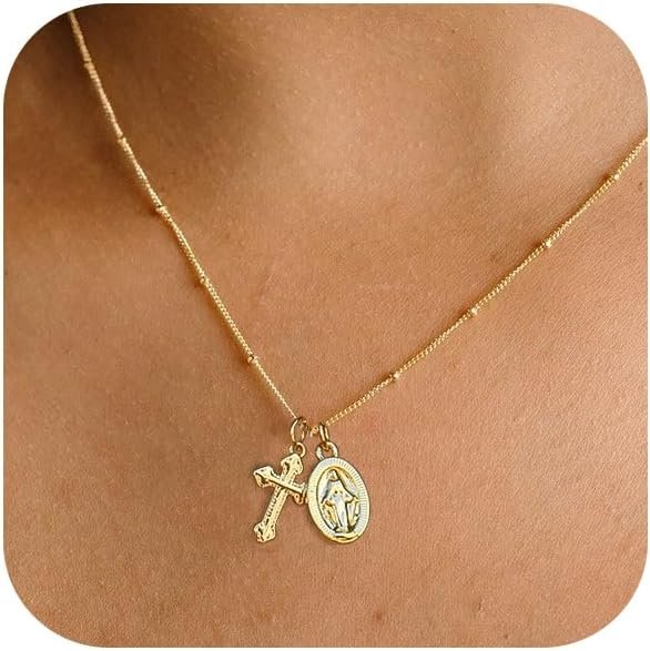 Cross Necklace for Women Trendy  Dainty Gold Silver Plated Cross Pendant Necklaces Simple Cute Faith Charm Choker Religious Drop Dangle Chain Necklace Non Tarnish Costume Jewelry Gift
