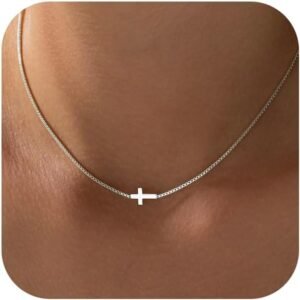Cross Necklace for Women Trendy  Dainty Gold Silver Plated Cross Pendant Necklaces Simple Cute Faith Charm Choker Religious Drop Dangle Chain Necklace Non Tarnish Costume Jewelry Gift