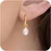Gold Pearl Dangle Earrings for Women,  Gold Plated Small Pearl Drop Huggie Hoop Earrings, Hypoallergenic Dainty Gold Earrings Wedding Jewelry Gifts for Women Trendy