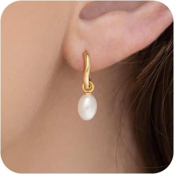 Gold Pearl Dangle Earrings for Women,  Gold Plated Small Pearl Drop Huggie Hoop Earrings, Hypoallergenic Dainty Gold Earrings Wedding Jewelry Gifts for Women Trendy