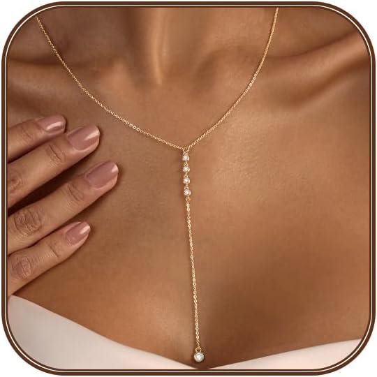 Silver/Gold Necklace for Women 925 Silver/ Gold Plated Dainty Long Necklace Y-Shaped Drop Pendant Necklaces Choker Trendy Chain Simple Layered Necklaces CZ Jewelry for Women Set Gift