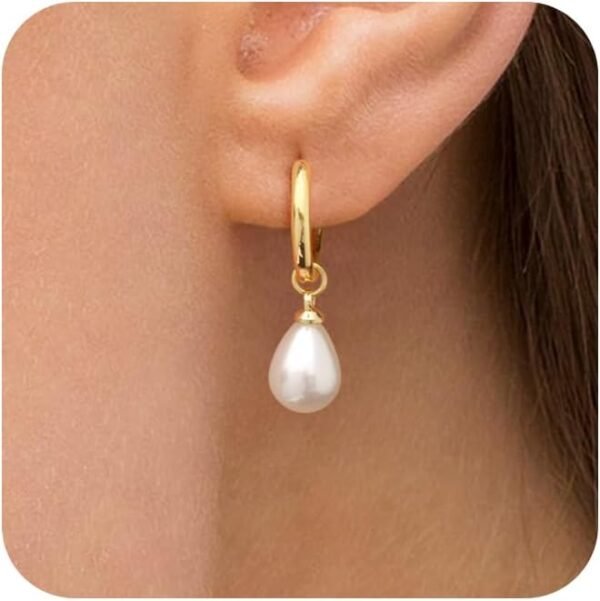 Gold Pearl Dangle Earrings for Women,  Gold Plated Small Pearl Drop Huggie Hoop Earrings, Hypoallergenic Dainty Gold Earrings Wedding Jewelry Gifts for Women Trendy