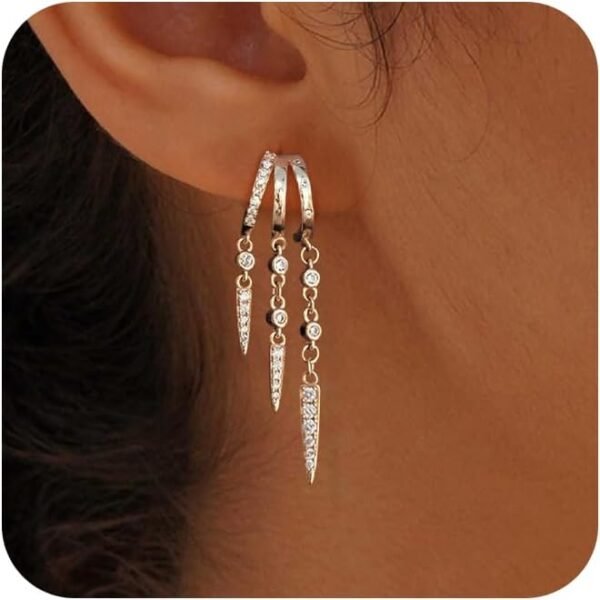 Dangle Earrings for Women, Gold Plated Triple Huggie Stud Earrings Cute Statement Chain Earring Dainty Drop Earrings for Women Trendy Gold Plated Jewelry