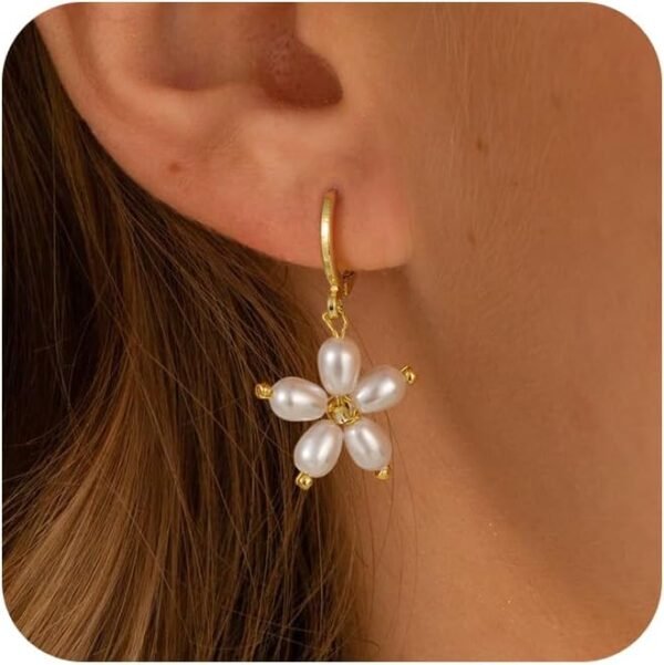 Gold Pearl Dangle Earrings for Women,  Gold Plated Small Pearl Drop Huggie Hoop Earrings, Hypoallergenic Dainty Gold Earrings Wedding Jewelry Gifts for Women Trendy