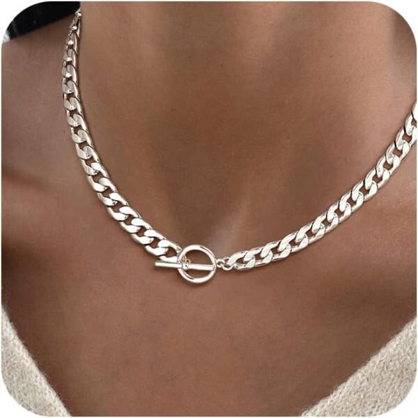 Gold Plated Chunky Necklace for Women, Trendy Paperclip Chain Necklace Thick Cross Heart Pendant Necklace Layered Herringbone Cuban Link Chain Toggle Necklaces Non Tarnish Jewelry