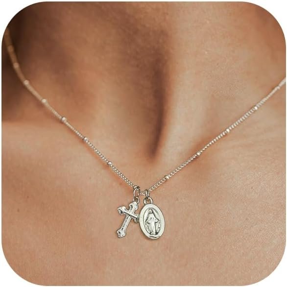 Cross Necklace for Women Trendy  Dainty Gold Silver Plated Cross Pendant Necklaces Simple Cute Faith Charm Choker Religious Drop Dangle Chain Necklace Non Tarnish Costume Jewelry Gift