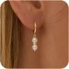 Gold Pearl Dangle Earrings for Women,  Gold Plated Small Pearl Drop Huggie Hoop Earrings, Hypoallergenic Dainty Gold Earrings Wedding Jewelry Gifts for Women Trendy