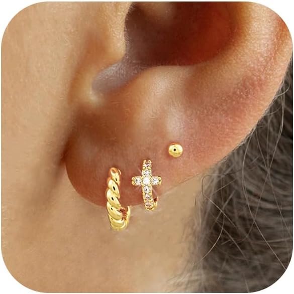 Gold Silver Earrings Set for Women  Gold Silver Plated Dangle Studs Hoop Huggie Earring Pack Multiple Piercing Dainty Cartilage Earring Hypoallergenic Trendy Cubic Zirconia CZ Earring Stack Jewelry Gifts