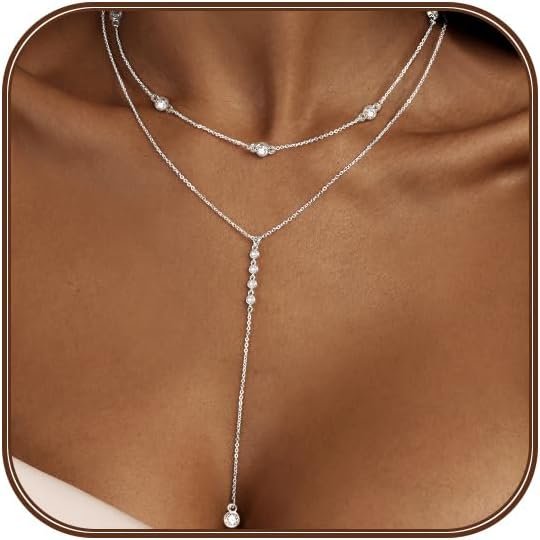 Silver/Gold Necklace for Women 925 Silver/ Gold Plated Dainty Long Necklace Y-Shaped Drop Pendant Necklaces Choker Trendy Chain Simple Layered Necklaces CZ Jewelry for Women Set Gift