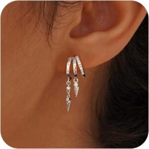 Dangle Earrings for Women, Gold Plated Triple Huggie Stud Earrings Cute Statement Chain Earring Dainty Drop Earrings for Women Trendy Gold Plated Jewelry