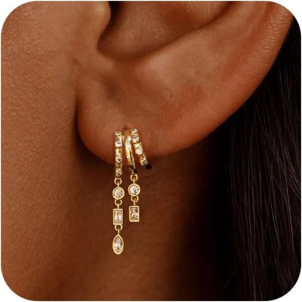 Dangle Earrings for Women, Gold Plated Triple Huggie Stud Earrings Cute Statement Chain Earring Dainty Drop Earrings for Women Trendy Gold Plated Jewelry