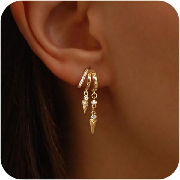 Dangle Earrings for Women, Gold Plated Triple Huggie Stud Earrings Cute Statement Chain Earring Dainty Drop Earrings for Women Trendy Gold Plated Jewelry