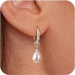 Gold Pearl Dangle Earrings for Women,  Gold Plated Small Pearl Drop Huggie Hoop Earrings, Hypoallergenic Dainty Gold Earrings Wedding Jewelry Gifts for Women Trendy