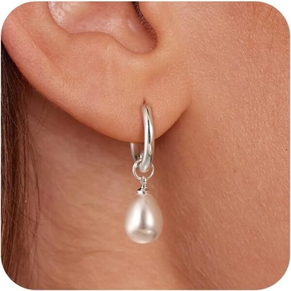 Gold Pearl Dangle Earrings for Women,  Gold Plated Small Pearl Drop Huggie Hoop Earrings, Hypoallergenic Dainty Gold Earrings Wedding Jewelry Gifts for Women Trendy