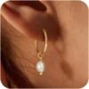Gold Pearl Dangle Earrings for Women,  Gold Plated Small Pearl Drop Huggie Hoop Earrings, Hypoallergenic Dainty Gold Earrings Wedding Jewelry Gifts for Women Trendy