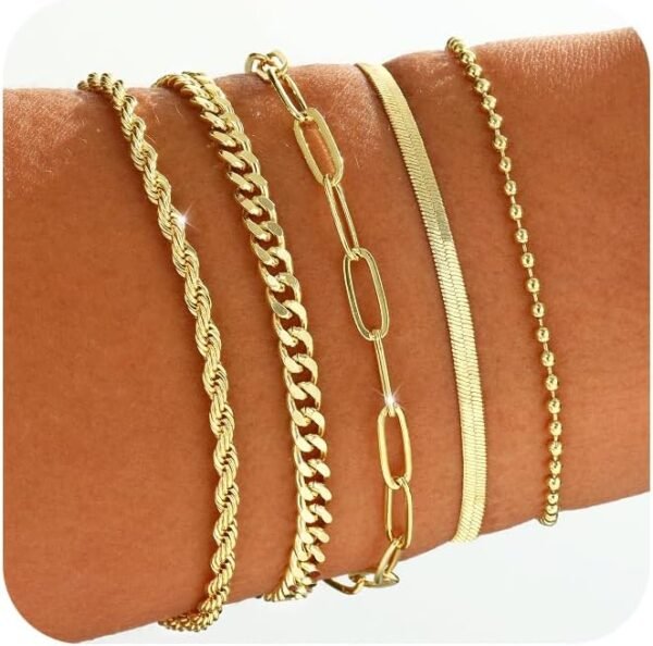 Gold/Silver Bracelets for Women, Real Gold Plated Bracelets Stack Trendy Jewelry Sets Stackable Snake Chain Figaro Paperclip Link Chain Adjustable Bracelet Pack Jewelry for Women