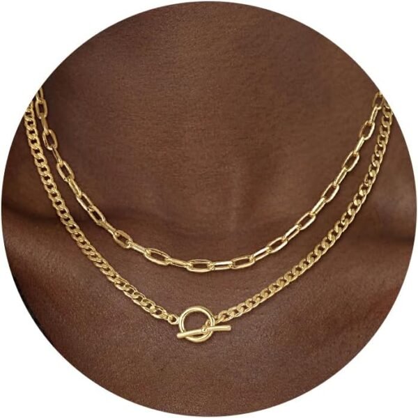 Layered Necklaces for Women,  Gold Plated Chain Necklace Women Trendy Cuban Link Paperclip Chain Toggle Clasp Necklace Fashion Chunky Jewelry for Women