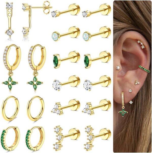 Hypoallergenic Flat Back Earrings  Gold Plated Cartilage Earring Sets for Multiple Piercing 20G Surgical Stainless Steel Earrings for Women Trendy Earring Stacks Small Hoop Flatback Stud Earrings