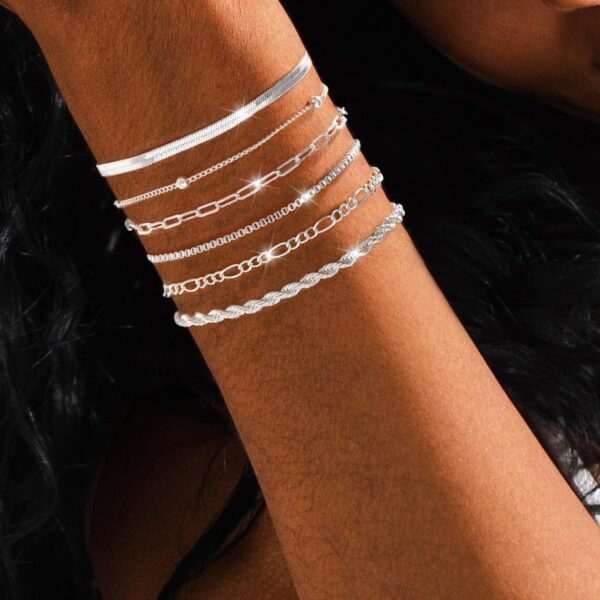 Gold/Silver Bracelets for Women, Real Gold Plated Bracelets Stack Trendy Jewelry Sets Stackable Snake Chain Figaro Paperclip Link Chain Adjustable Bracelet Pack Jewelry for Women