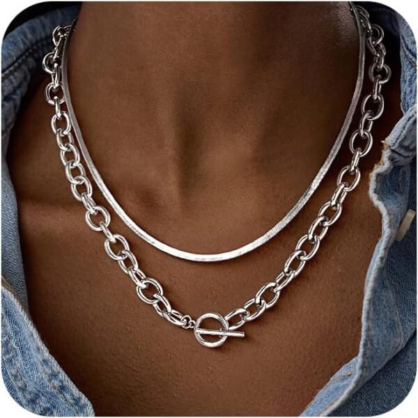 Gold Plated Chunky Necklace for Women, Trendy Paperclip Chain Necklace Thick Cross Heart Pendant Necklace Layered Herringbone Cuban Link Chain Toggle Necklaces Non Tarnish Jewelry