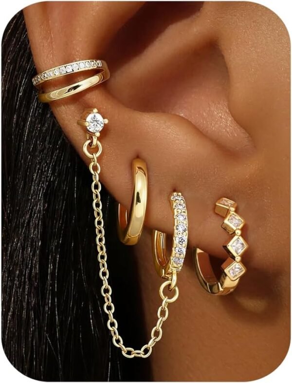 4 Pairs Small Hoop Earrings for Women Trendy  Gold Plated Chain Drop Earrings Set Hypoallergenic CZ Huggie Hoops Lightweight Cartilage Earring Stacks Women's Jewelry Gifts