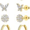 20G Gold Studs Earrings for Women, Gold Plated Hypoallergenic Butterfly Earrings for Girls,4 Pairs Flower/Butterfly/Cubic Zirconia Cute Earring and Trendy Huggie Hoop Dainty Multipack Earring Sets