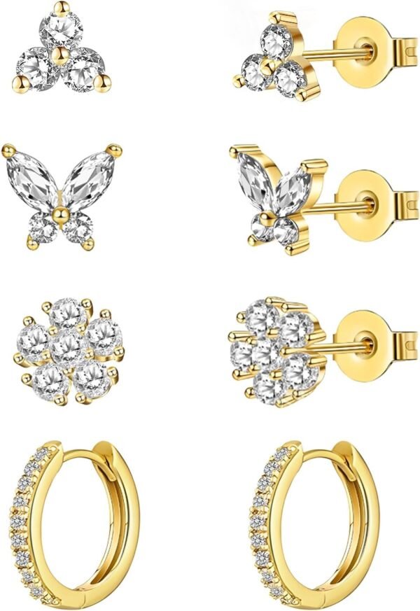 20G Gold Studs Earrings for Women, Gold Plated Hypoallergenic Butterfly Earrings for Girls,4 Pairs Flower/Butterfly/Cubic Zirconia Cute Earring and Trendy Huggie Hoop Dainty Multipack Earring Sets
