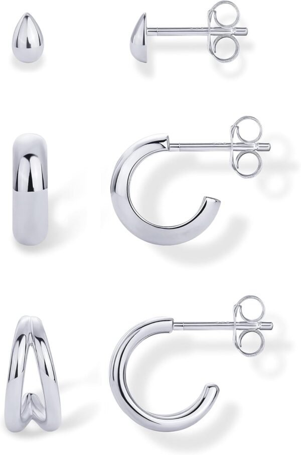 Yellow Gold Plated 925 Sterling Silver Posts Three Pairs Small Hoop Earrings for Women - Statement Gold Hoop Earrings Set - Cubic Zirconia Rope Teardrop Chunky Huggie Earscape Piercings